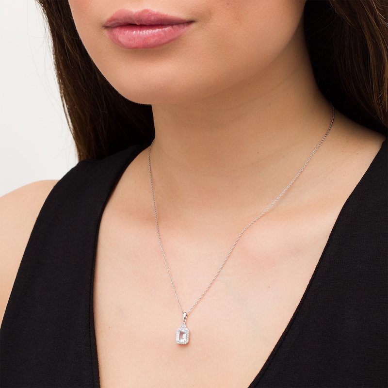 Main Image 2 of Emerald-Cut Aquamarine and Lab-Created White Sapphire Octagonal Frame Tri-Top Drop Pendant in Sterling Silver