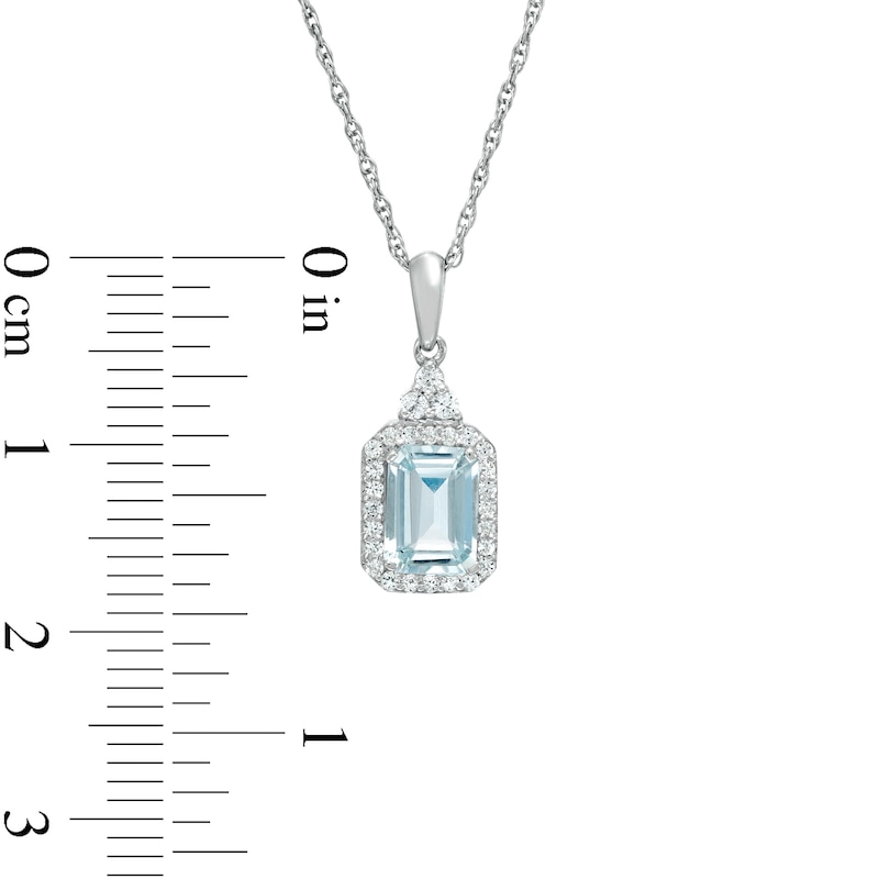 Main Image 3 of Emerald-Cut Aquamarine and Lab-Created White Sapphire Octagonal Frame Tri-Top Drop Pendant in Sterling Silver