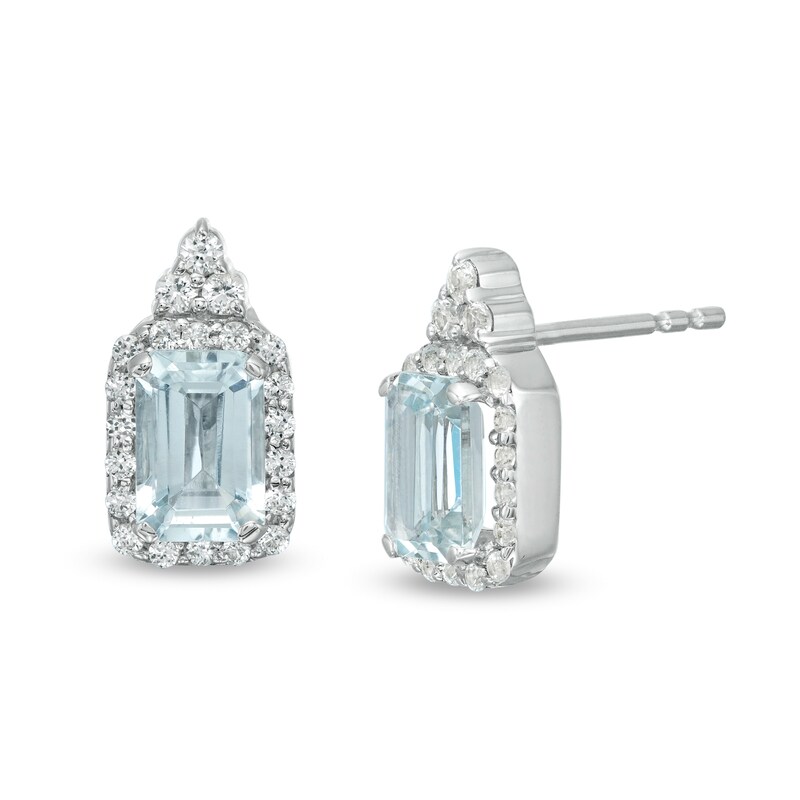 Main Image 1 of Emerald-Cut Aquamarine and Lab-Created White Sapphire Octagonal Frame Tri-Top Drop Earrings in Sterling Silver