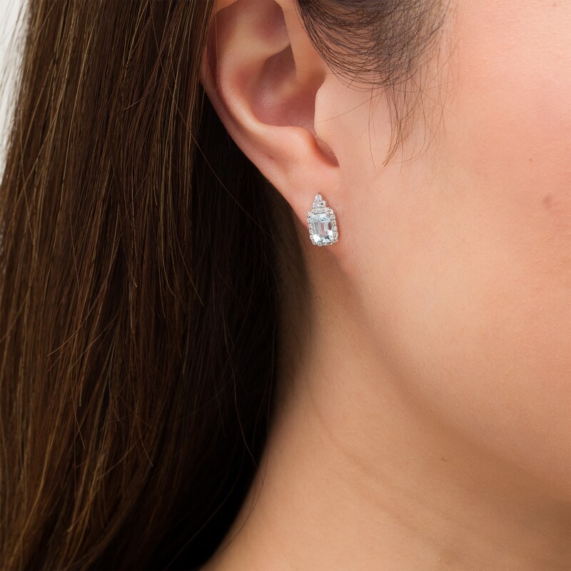 Emerald-Cut Aquamarine and Lab-Created White Sapphire Octagonal Frame Tri-Top Drop Earrings in Sterling Silver