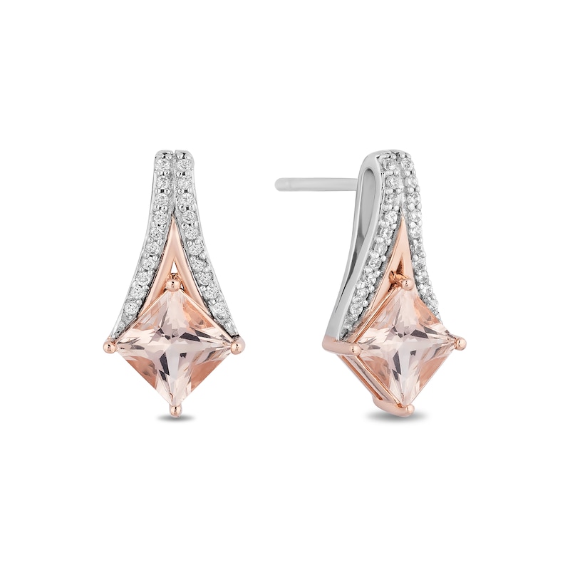 Main Image 1 of Enchanted Disney Aurora Princess-Cut Morganite and 0.09 CT. T.W. Diamond Earrings in Sterling Silver and 10K Rose Gold