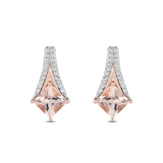 Enchanted Disney Aurora Princess-Cut Morganite and 0.09 CT. T.W. Diamond Earrings in Sterling Silver and 10K Rose Gold