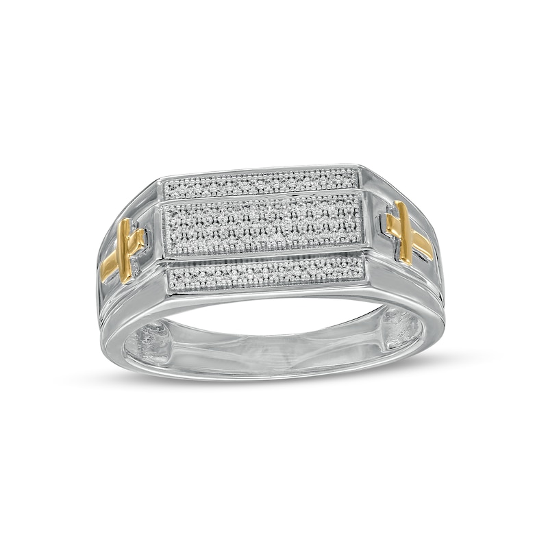 Men's 0.16 CT. T.W. Diamond Multi-Row Rectangle-Top with Cross Side Accent Stepped Edge Ring in 10K Two-Tone Ring