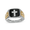Thumbnail Image 0 of Men's 0.12 CT. T.W. Diamond Cross and Black Enamel Square-Top Stepped Edge Ring in 10K Two-Tone Gold