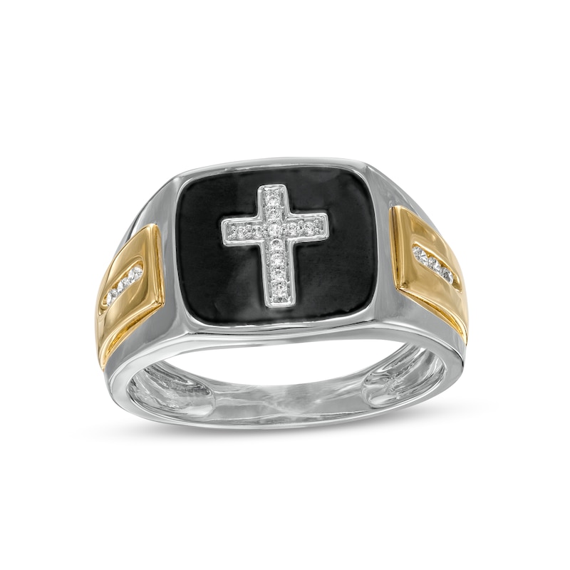 Men's 0.12 CT. T.W. Diamond Cross and Black Enamel Square-Top Stepped Edge Ring in 10K Two-Tone Gold|Peoples Jewellers