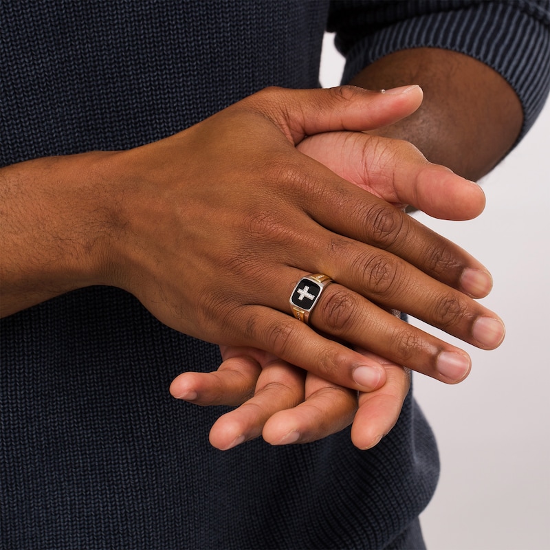 Main Image 2 of Men's 0.12 CT. T.W. Diamond Cross and Black Enamel Square-Top Stepped Edge Ring in 10K Two-Tone Gold