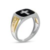 Thumbnail Image 3 of Men's 0.12 CT. T.W. Diamond Cross and Black Enamel Square-Top Stepped Edge Ring in 10K Two-Tone Gold
