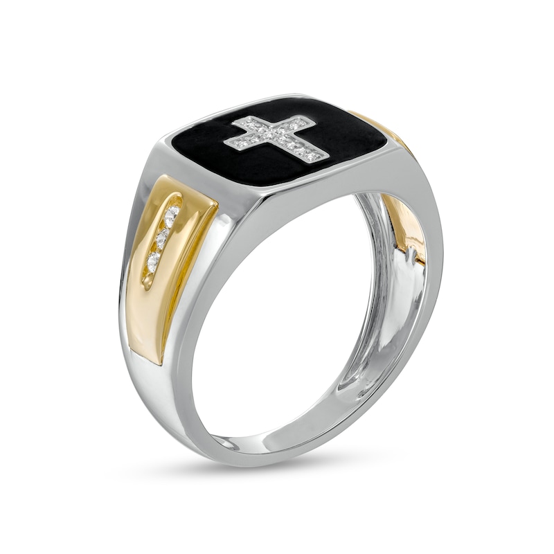 Main Image 3 of Men's 0.12 CT. T.W. Diamond Cross and Black Enamel Square-Top Stepped Edge Ring in 10K Two-Tone Gold