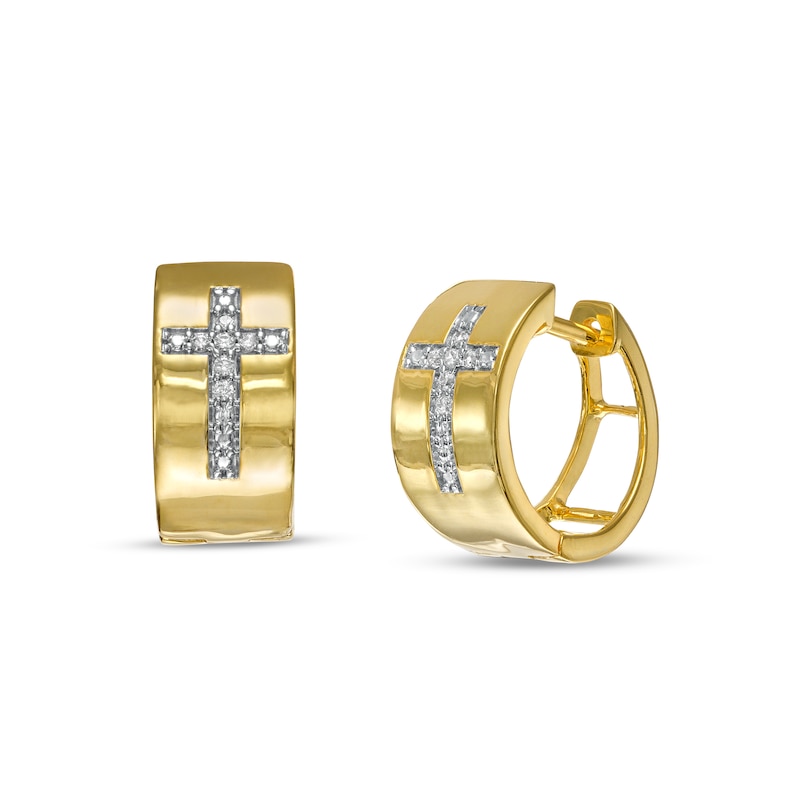 Men's 0.04 CT. T.W. Diamond Cross Huggie Hoop Earrings in 10K Gold|Peoples Jewellers