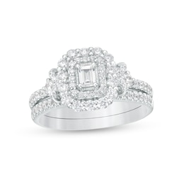 0.70 CT. T.W. Emerald-Cut Diamond Vintage-Style Bridal Set in 14K White Gold