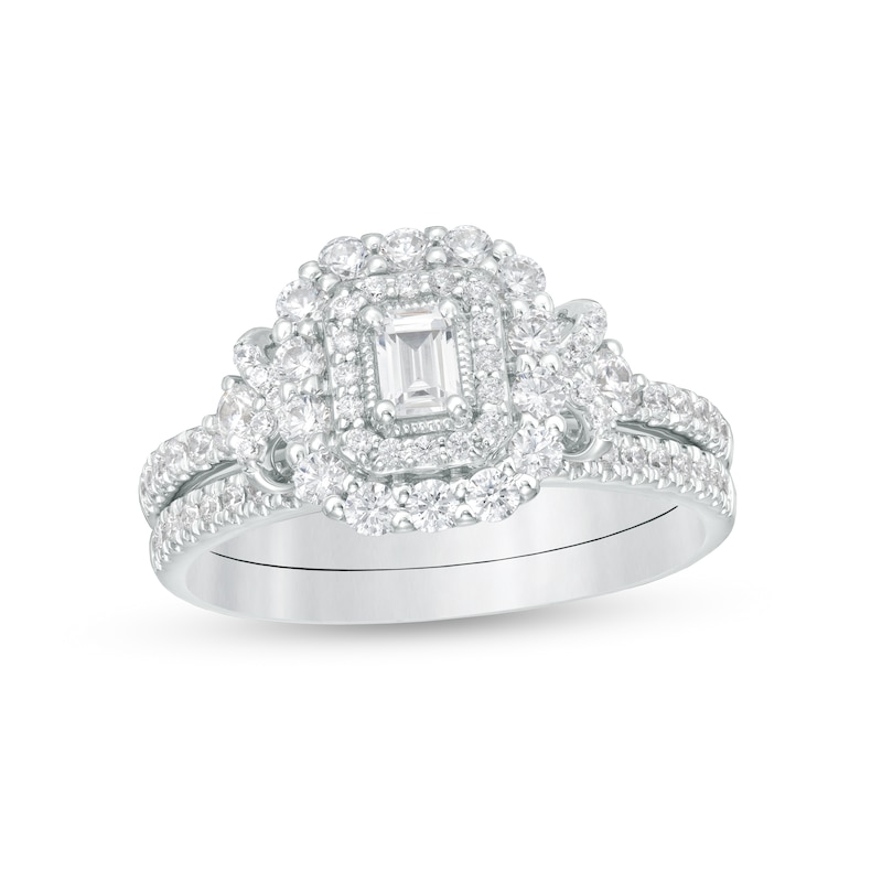 Main Image 1 of 0.70 CT. T.W. Emerald-Cut Diamond Vintage-Style Bridal Set in 14K White Gold
