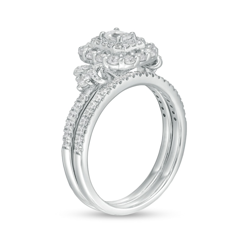 Main Image 3 of 0.70 CT. T.W. Emerald-Cut Diamond Vintage-Style Bridal Set in 14K White Gold