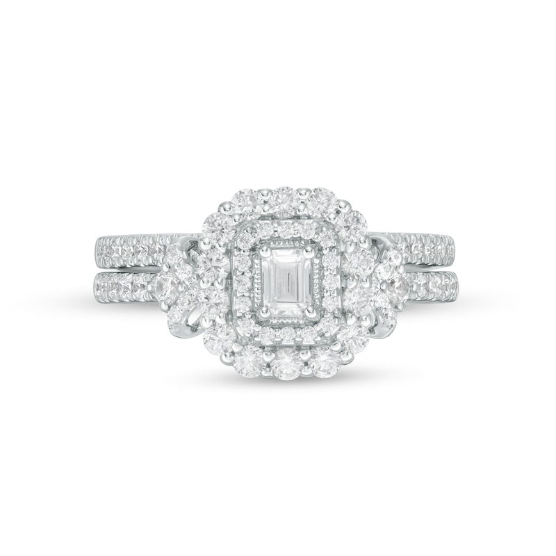 Main Image 4 of 0.70 CT. T.W. Emerald-Cut Diamond Vintage-Style Bridal Set in 14K White Gold