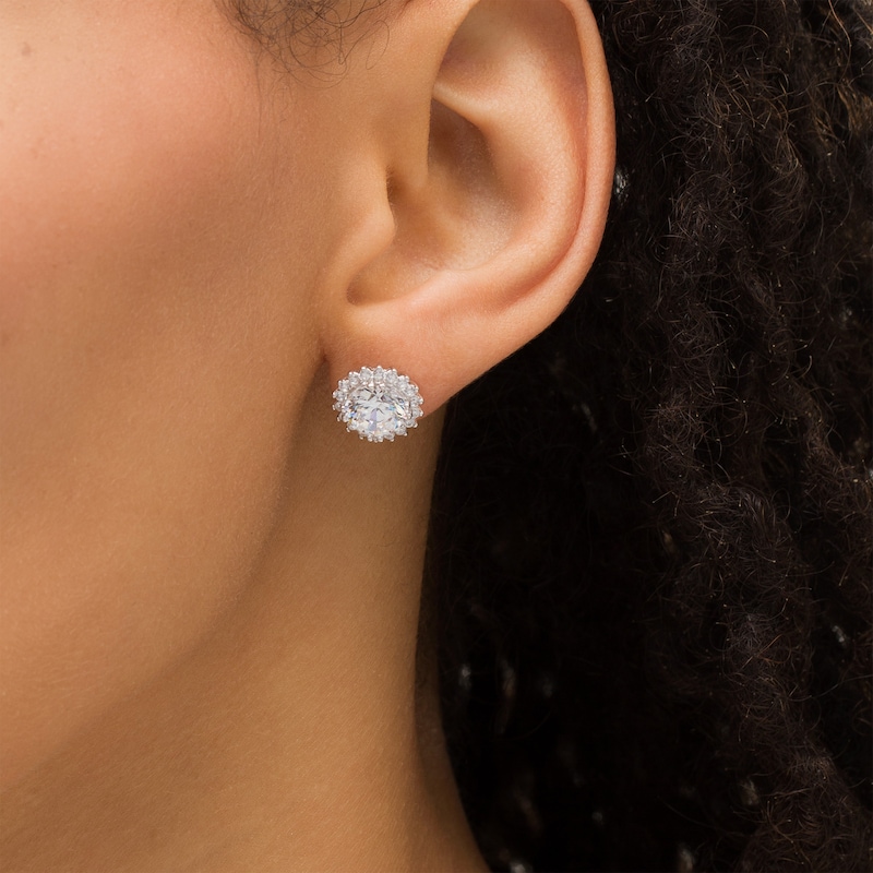8.0mm Lab-Created White Sapphire Sunburst Frame Stud Earrings in Sterling Silver
