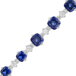 Graduating Cushion-Cut Lab-Created Blue and White Sapphire Link Alternating Line Bracelet in Sterling Silver - 7.25&quot;