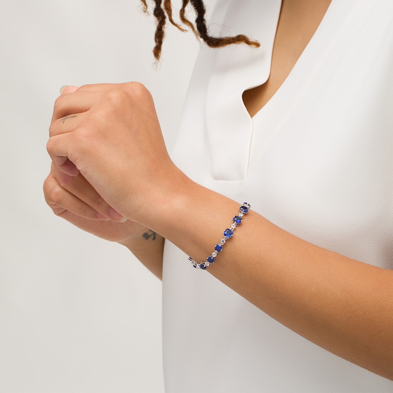 Graduating Cushion-Cut Lab-Created Blue and White Sapphire Link Alternating Line Bracelet in Sterling Silver - 7.25"