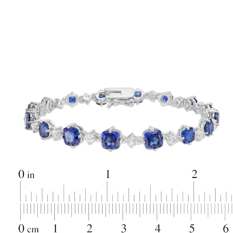 Graduating Cushion-Cut Lab-Created Blue and White Sapphire Link Alternating Line Bracelet in Sterling Silver - 7.25"