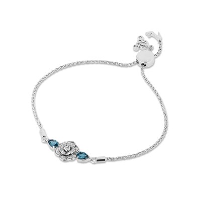 Enchanted Disney Cinderella Pear-Shaped London Blue Topaz and 0.085 CT. T.W. Diamond Bolo Bracelet in Sterling Silver - 9"