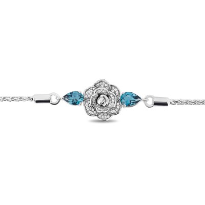 Enchanted Disney Cinderella Pear-Shaped London Blue Topaz and 0.085 CT. T.W. Diamond Bolo Bracelet in Sterling Silver - 9"