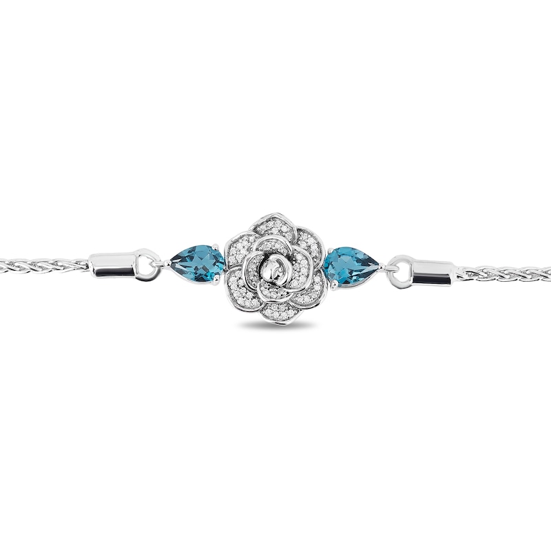 Enchanted Disney Cinderella Pear-Shaped London Blue Topaz and 0.085 CT. T.W. Diamond Bolo Bracelet in Sterling Silver - 9"