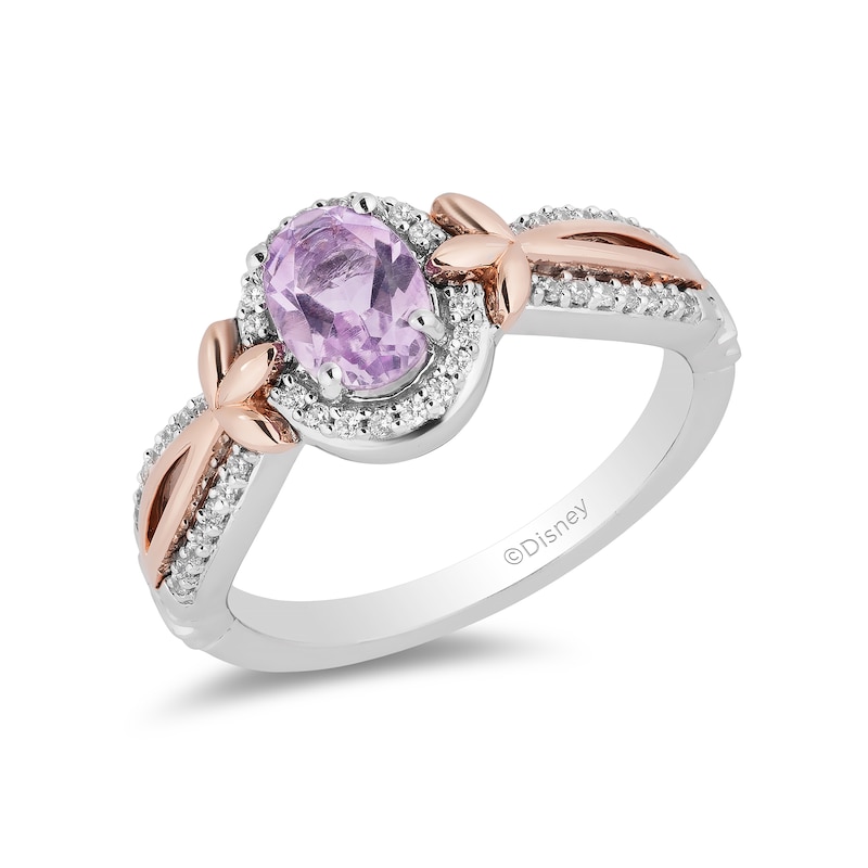 Main Image 1 of Enchanted Disney Rapunzel Oval Amethyst and 0.145 CT. T.W. Diamond Ring in Sterling Silver and 10K Rose Gold