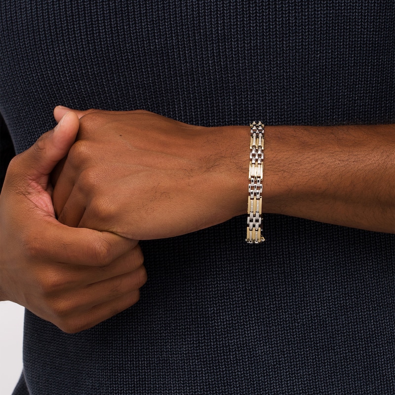 Main Image 2 of Men's 0.50 CT. T.W. Diamond Triple Row and Brick Pattern Link Bracelet in Sterling Silver and 14K Gold Plate - 8.5"