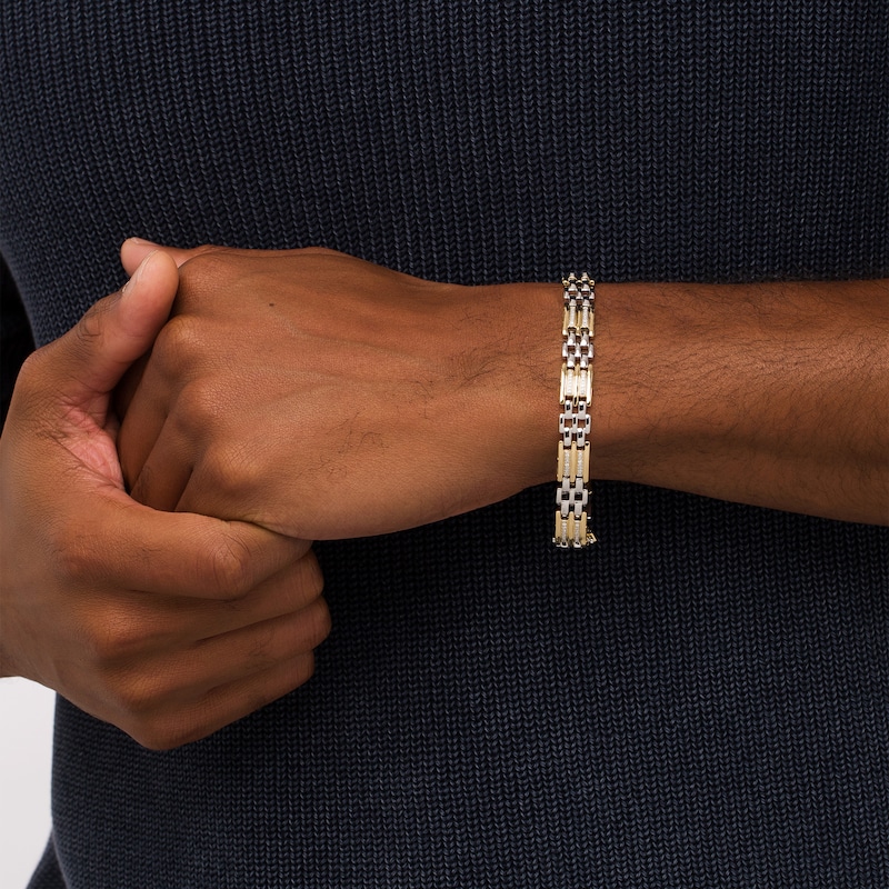 Men's 0.50 CT. T.W. Diamond Triple Row and Brick Pattern Link Bracelet in Sterling Silver and 14K Gold Plate - 8.5"|Peoples Jewellers