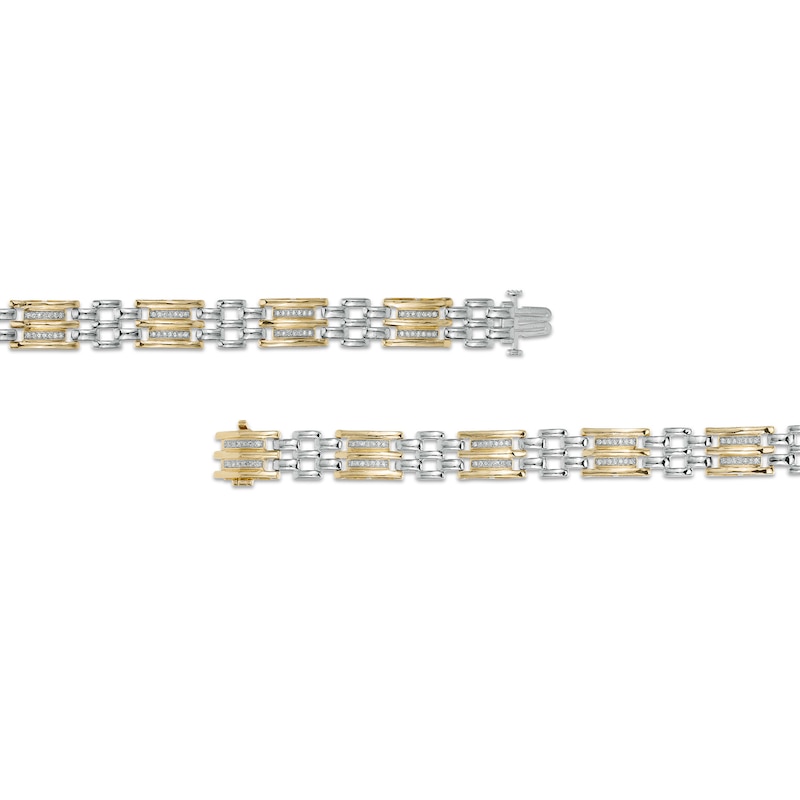 Men's 0.50 CT. T.W. Diamond Triple Row and Brick Pattern Link Bracelet in Sterling Silver and 14K Gold Plate - 8.5"|Peoples Jewellers