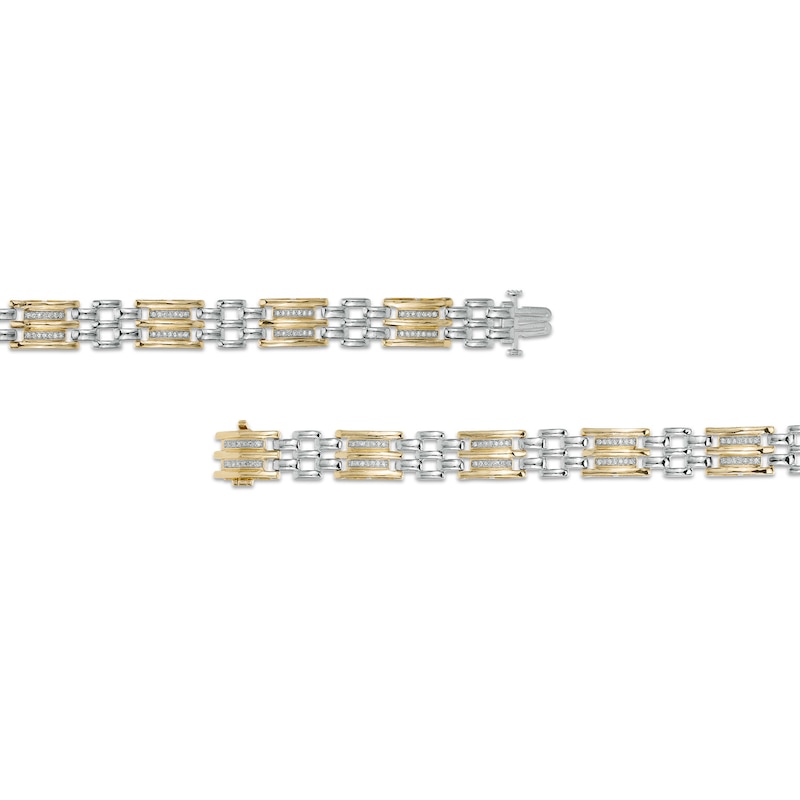 Main Image 3 of Men's 0.50 CT. T.W. Diamond Triple Row and Brick Pattern Link Bracelet in Sterling Silver and 14K Gold Plate - 8.5"