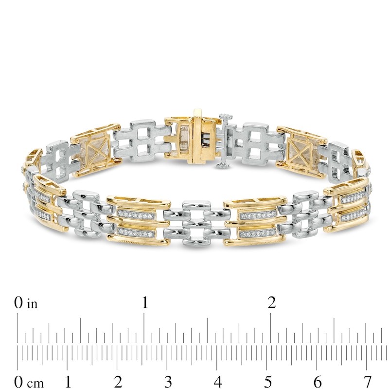 Main Image 4 of Men's 0.50 CT. T.W. Diamond Triple Row and Brick Pattern Link Bracelet in Sterling Silver and 14K Gold Plate - 8.5"