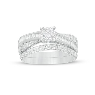 1.45 CT. T.W. Baguette and Round Diamond Twist Shank Bridal Set in 14K White Gold