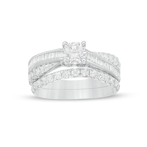 1.45 CT. T.W. Baguette and Round Diamond Twist Shank Bridal Set in 14K White Gold