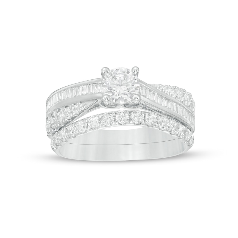 1.45 CT. T.W. Baguette and Round Diamond Twist Shank Bridal Set in 14K White Gold