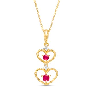 Ruby and Diamond Accent Beaded Double Heart Outline Drop Pendant in 10K Gold
