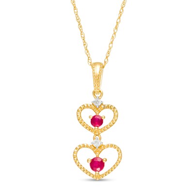 Ruby and Diamond Accent Beaded Double Heart Outline Drop Pendant in 10K Gold