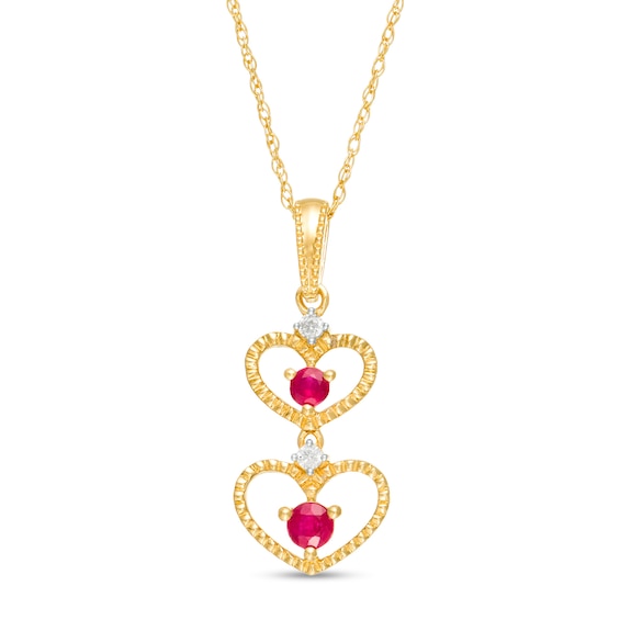 Ruby and Diamond Accent Beaded Double Heart Outline Drop Pendant in 10K Gold