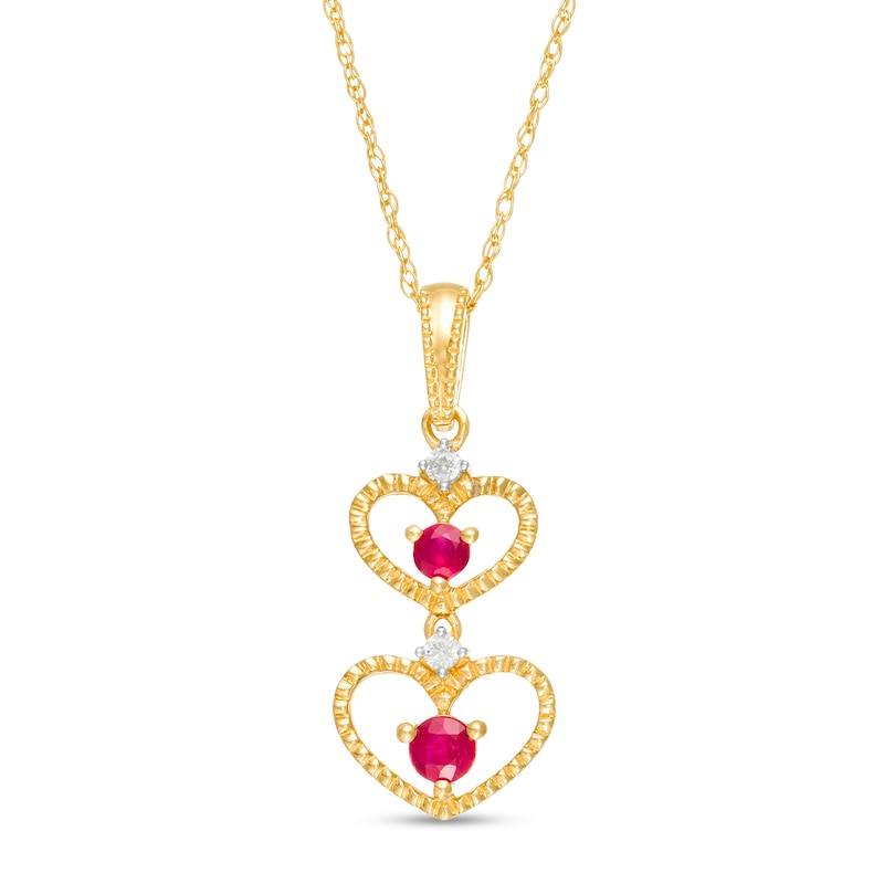 Ruby and Diamond Accent Beaded Double Heart Outline Drop Pendant in 10K Gold