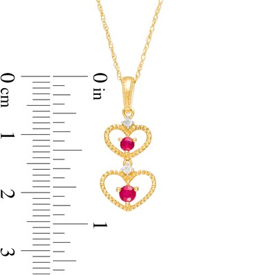 Ruby and Diamond Accent Beaded Double Heart Outline Drop Pendant in 10K Gold