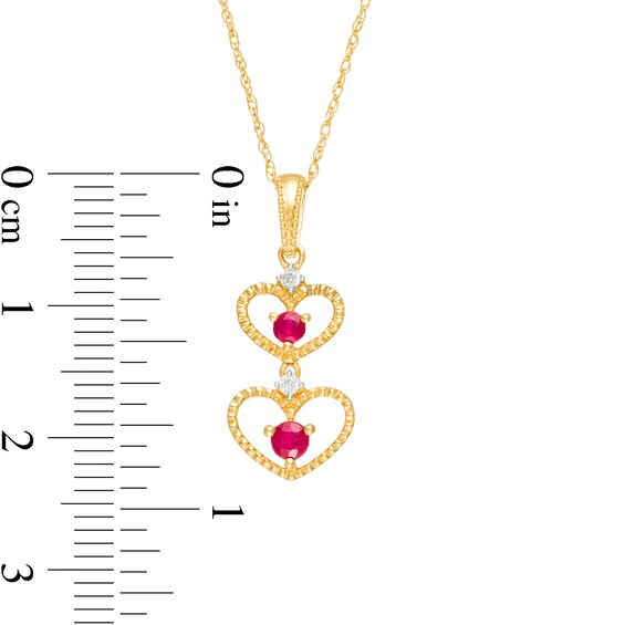 Ruby and Diamond Accent Beaded Double Heart Outline Drop Pendant in 10K Gold
