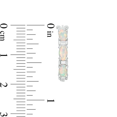 Oval Lab-Created Opal and Baguette Diamond Accent Three Stone Hoop Earrings in Sterling Silver