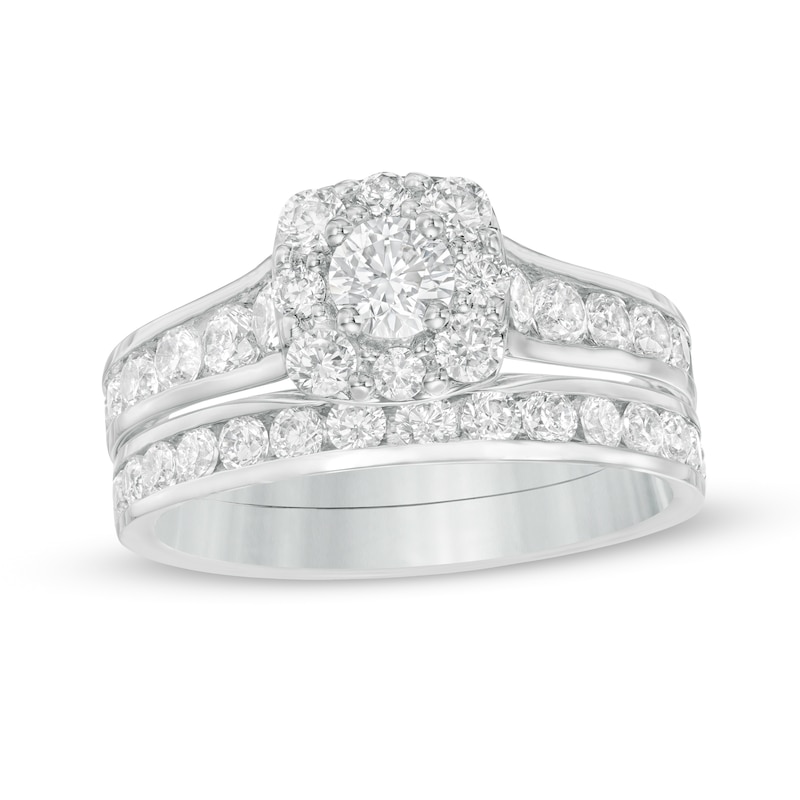 Main Image 1 of 2.00 CT. T.W. Certified Canadian Diamond Cushion Frame Bridal Set in 14K White Gold (I/I2)