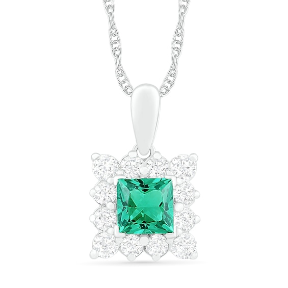 5.0mm Princess-Cut Lab-Created Emerald and White Sapphire Shadow Frame Drop Pendant in Sterling Silver 5.0mm Princess-Cut Lab-Created Emerald and White Sapphire Shadow Frame Drop Pendant in Sterling Silver