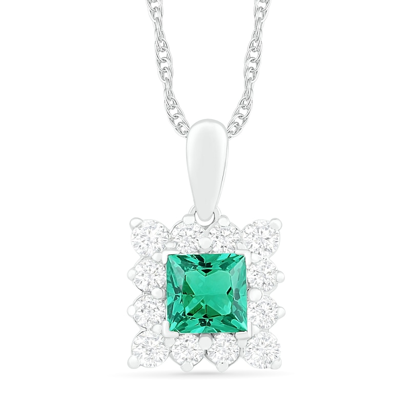 5.0mm Princess-Cut Lab-Created Emerald and White Sapphire Shadow Frame Drop Pendant in Sterling Silver