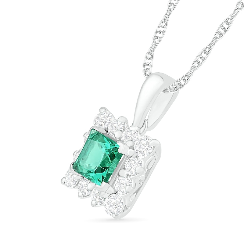 5.0mm Princess-Cut Lab-Created Emerald and White Sapphire Shadow Frame Drop Pendant in Sterling Silver