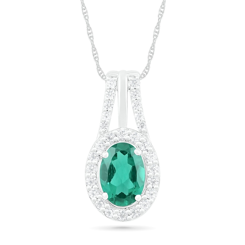 Oval Lab-Created Emerald and White Sapphire Frame Split Bail Pendant in Sterling Silver