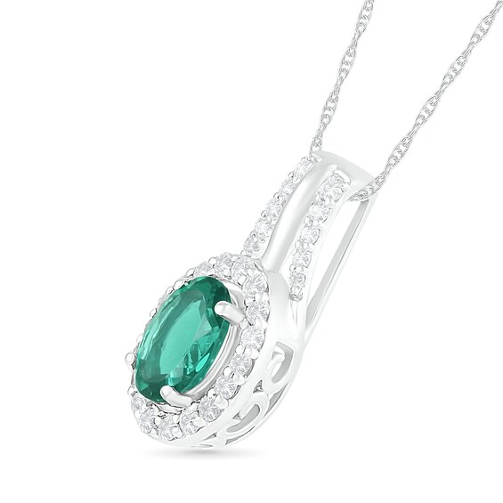 Oval Lab-Created Emerald and White Sapphire Frame Split Bale Pendant in Sterling Silver Oval Lab-Created Emerald and White Sapphire Frame Split Bale Pendant in Sterling Silver