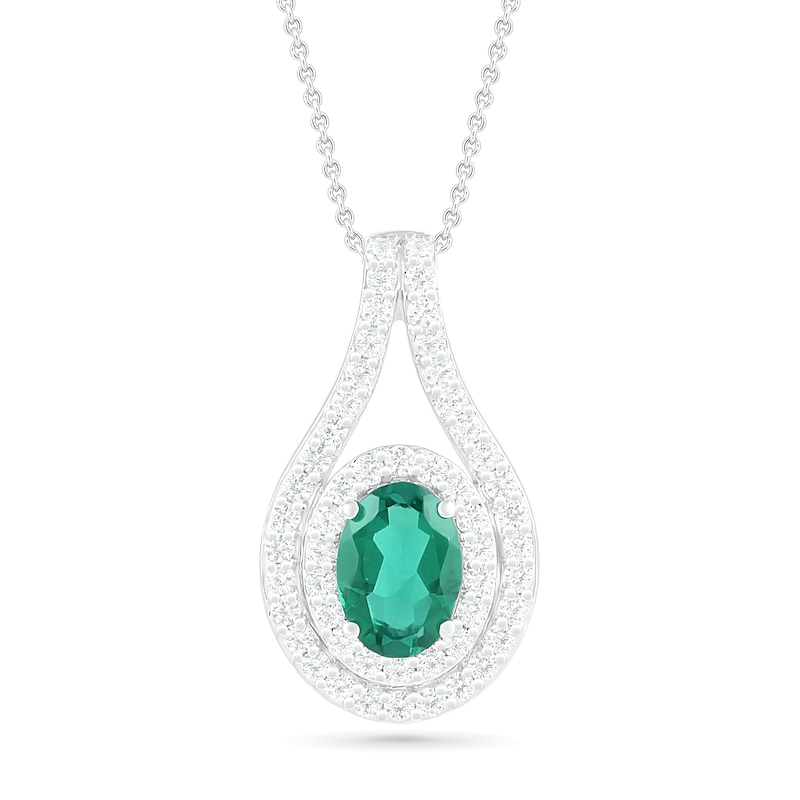 Oval Lab-Created Emerald and White Sapphire Frame Open Teardrop Pendant in Sterling Silver