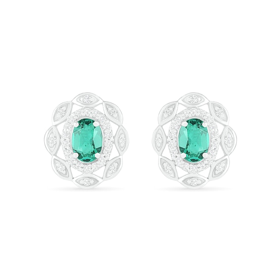 Oval Lab-Created Emerald and White Sapphire Open Double Frame Art Deco Stud Earrings in Sterling Silver