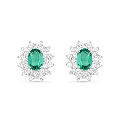Oval Lab-Created Emerald and White Sapphire Sunburst Double Frame Stud Earrings in Sterling Silver