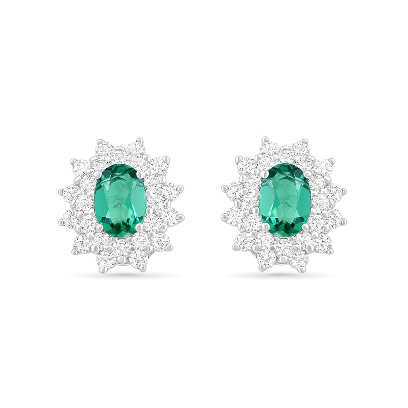 Main Image 1 of Oval Lab-Created Emerald and White Sapphire Sunburst Double Frame Stud Earrings in Sterling Silver